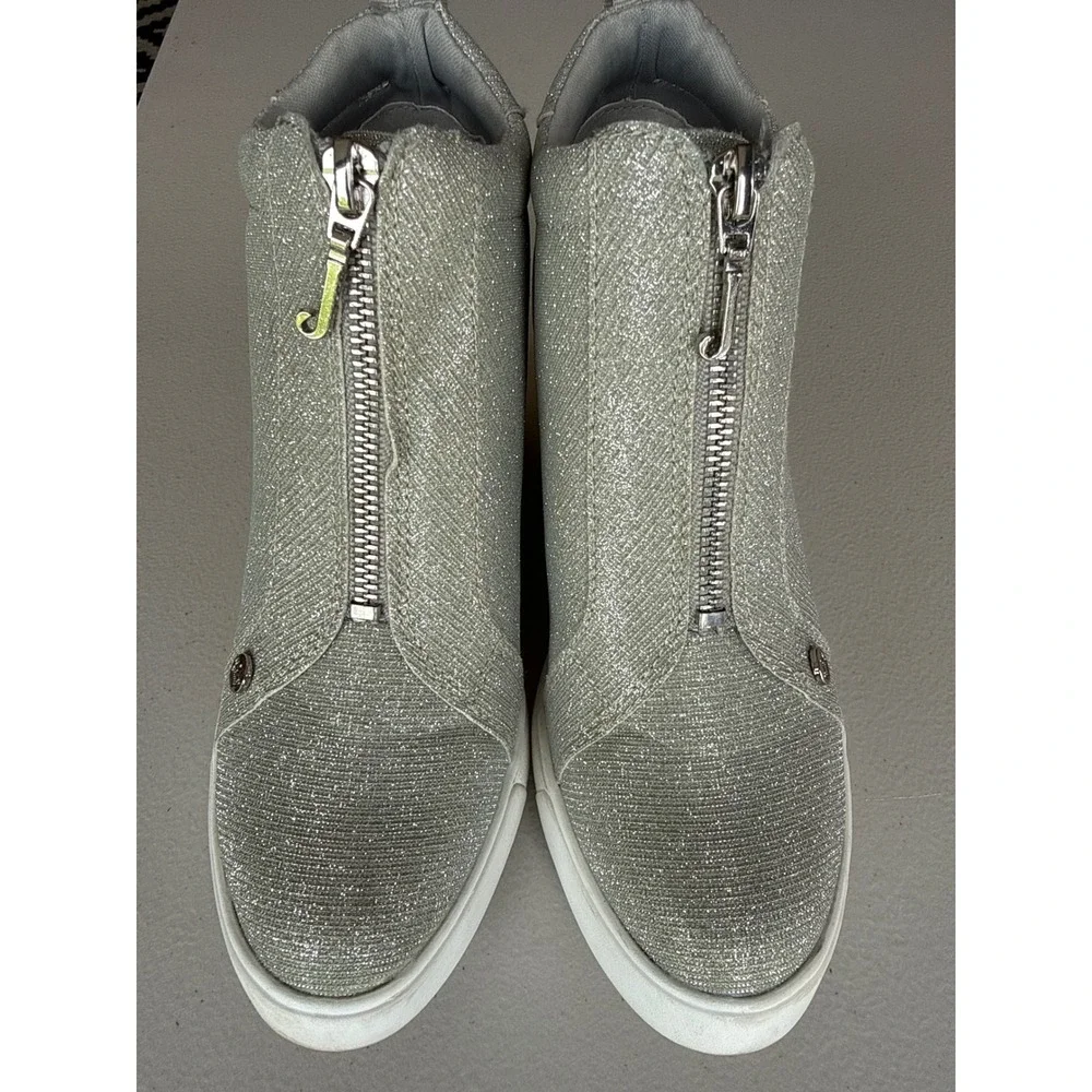Juicy Couture Joann Silver Glitter Wedge Sneakers High Top Front Zip Size 7